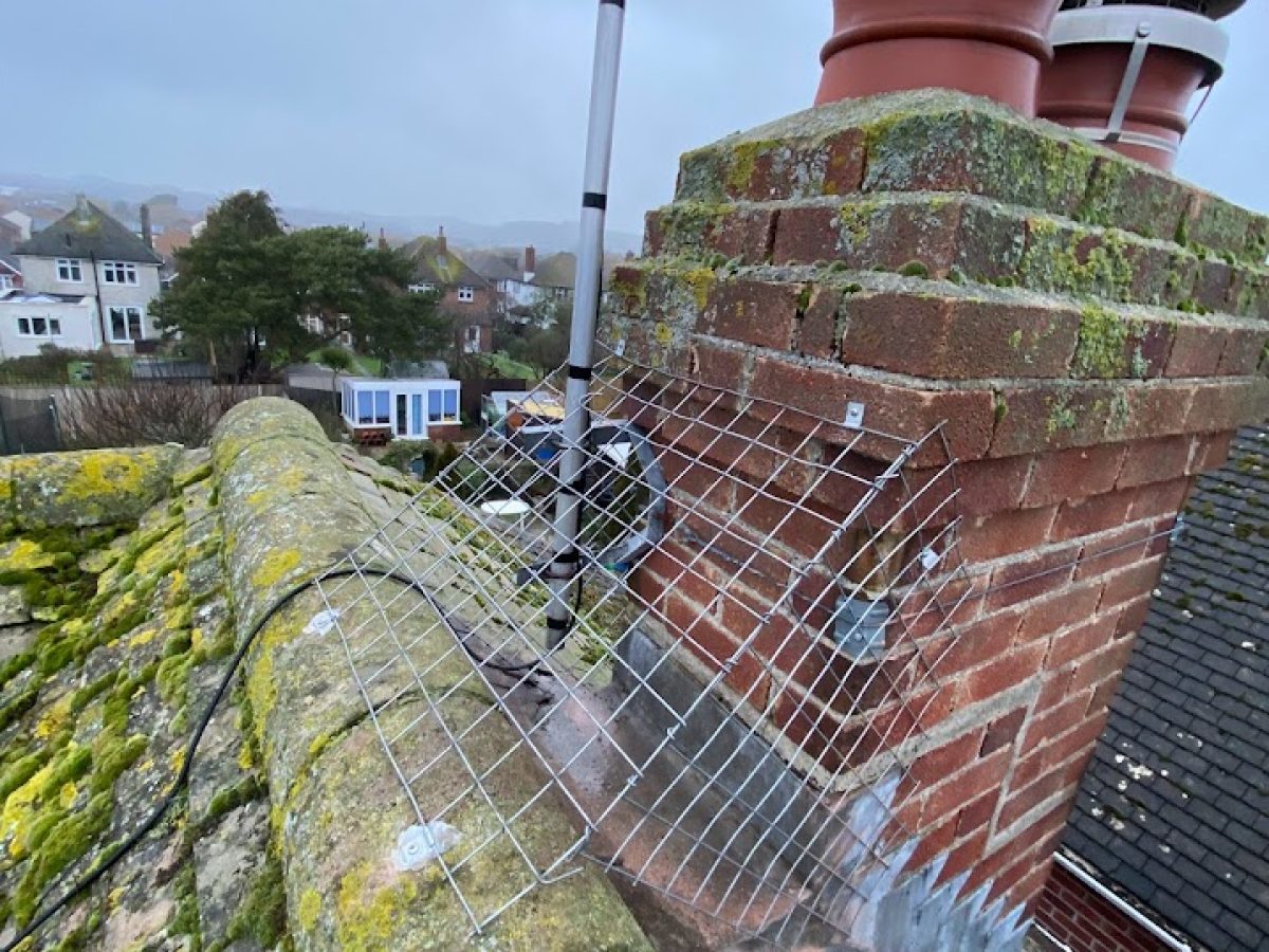 Anti sea gull mash behind chimney stack